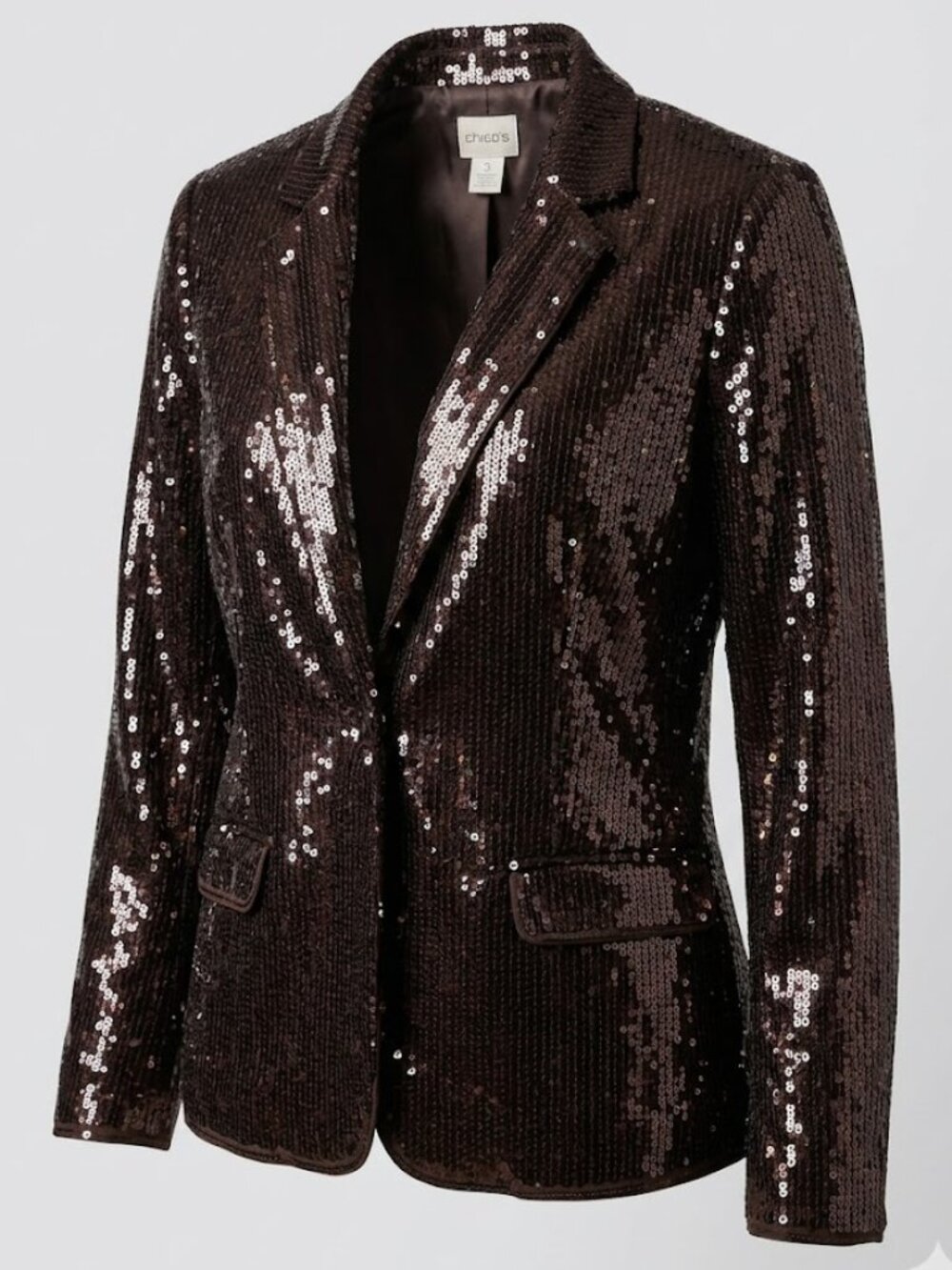 Chico's Brown Sequin Blazer Jacket Shimmer tuxe Sheron Fully lined Size 3 - XL